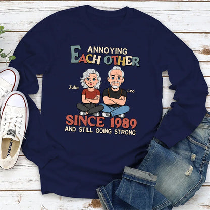 Personalized Classic Tee Funny Couple Cartoon Sitting Together Cute Gift for Husband or Wife Annoying Each Other Vibe