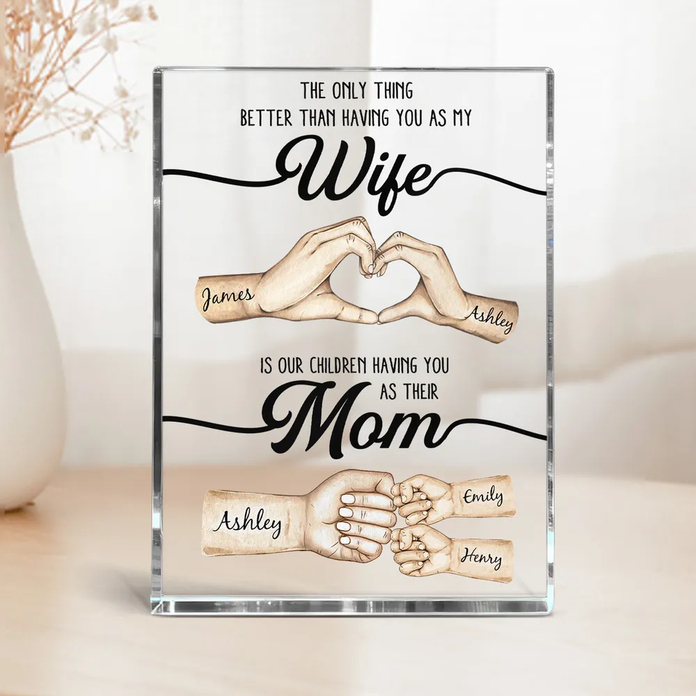 Rectangle Acrylic Block Plaque Personalized for Wife, Sweet Mom Keepsake with Hand Heart and Fist Bump Art, Unique Gift