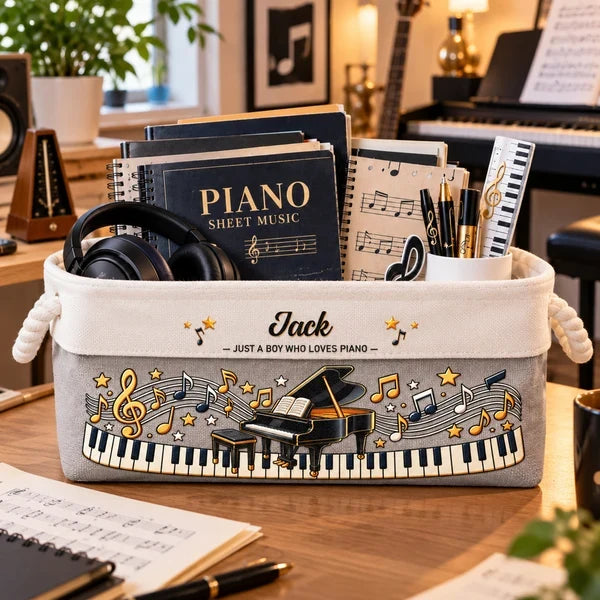 Personalized Cotton Linen Rope Basket, Piano and Music Note Organizer, Unique Gift for a Young Musician