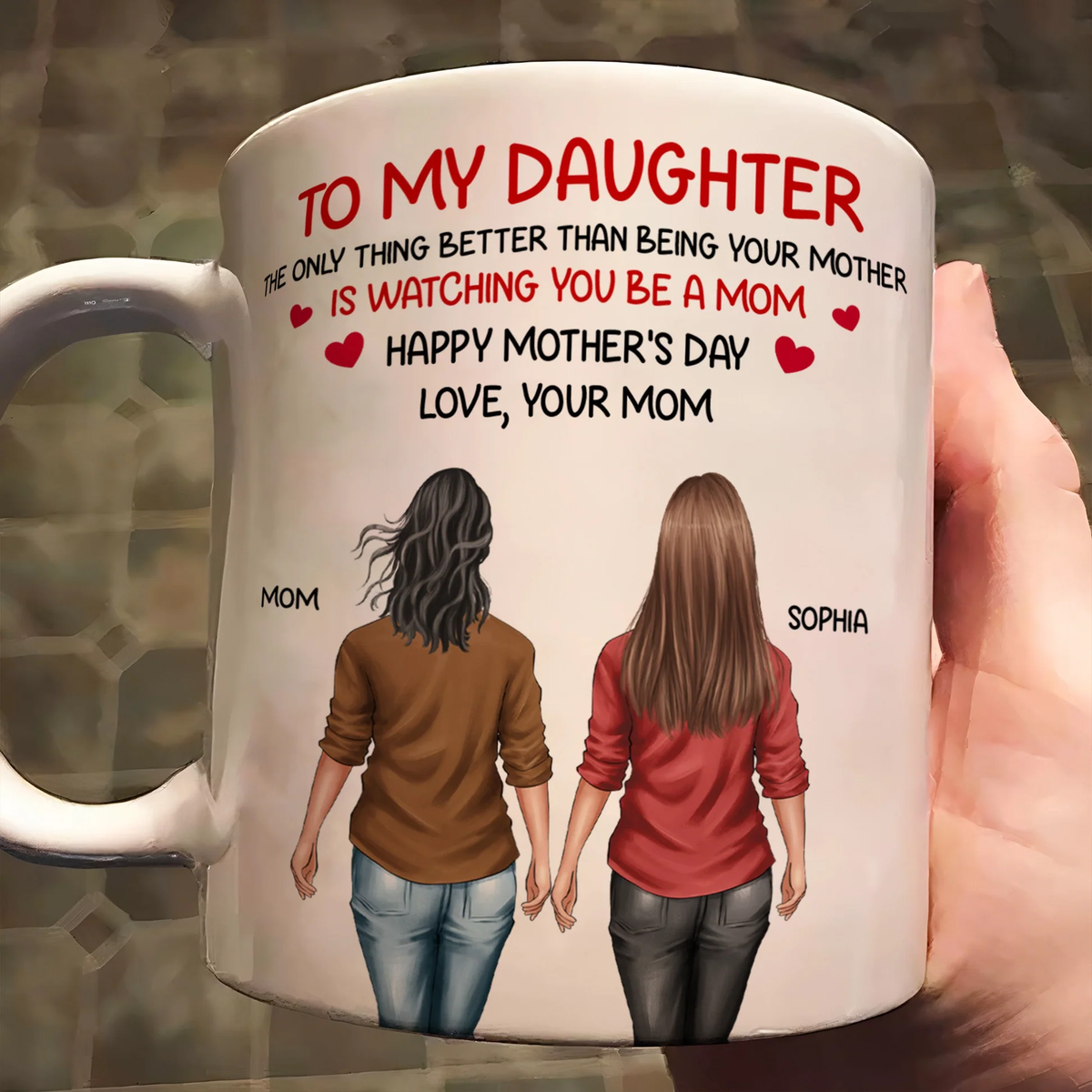 White Ceramic Mug Personalized for a Daughter, Heartwarming Father and Daughter Illustration, Thoughtful Mother's Day Gift