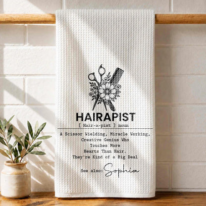 Hairapist Personalized Kitchen Towel, Monochrome Salon Art, Creative Appreciation Gift for Hair Stylist