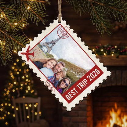 Personalized Wooden Ornament, Postage Stamp Family Travel Photo, Unique Christmas Gift for Family