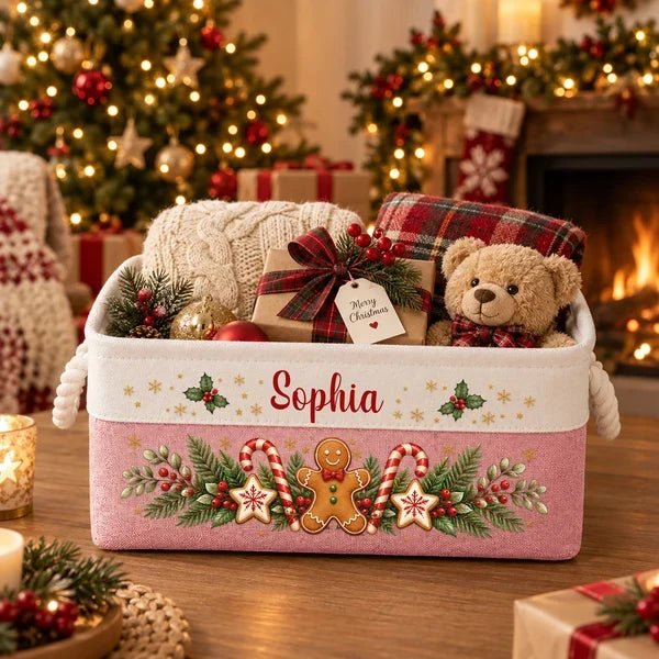 Personalized Cotton Linen Rope Basket, Gingerbread Storage by the Christmas Tree, Unique Family Gift