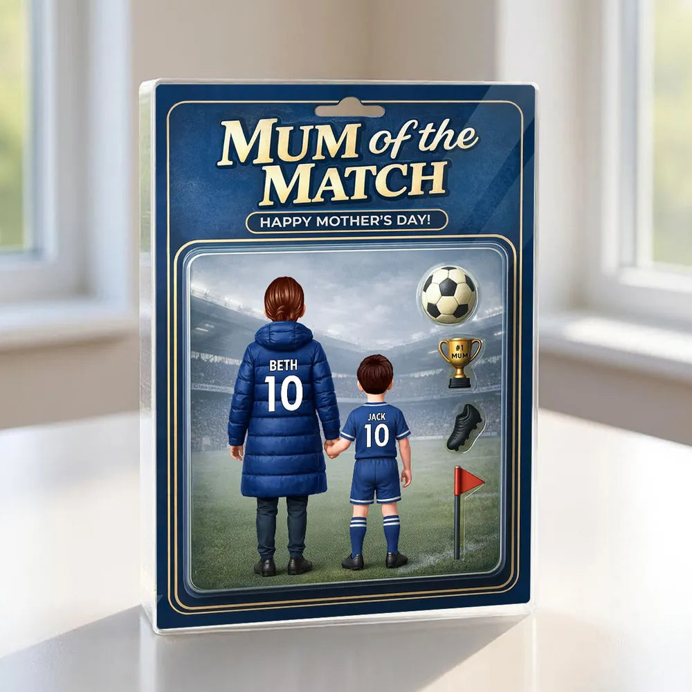 Personalized Rectangle Acrylic Block Plaque Mum of the Match Soccer Mom and Kid Holding Hands Stadium Scene Unique Mother's Day Gift