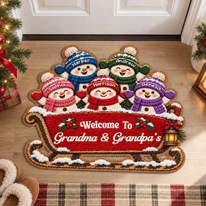 Personalized Shaped Doormat with Snowman Family on a Sleigh, Christmas Decor, Unique Gift for Grandparents