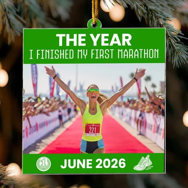 Personalized Acrylic Ornament, Raised-Arms First Marathon Memory, Creative Achievement Gift for a Runner