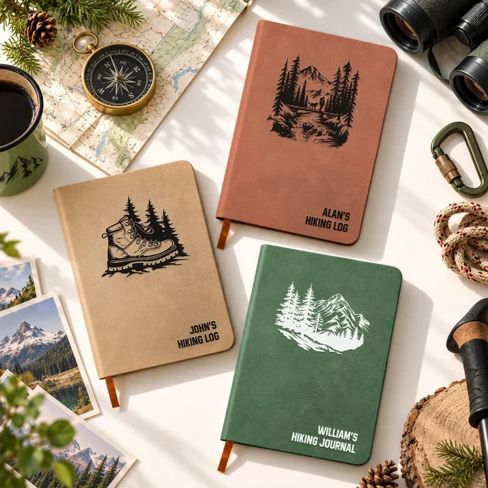 Personalized Leather Journal with Mountain Forest Art, Creative Hiking Gift for Hikers and Outdoor Travelers