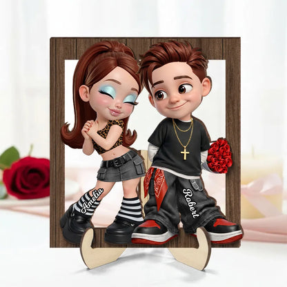 Personalized 2-Layer Wooden Plaque Y2K Cartoon Couple Holding Roses Unique Gift For Him Or Her