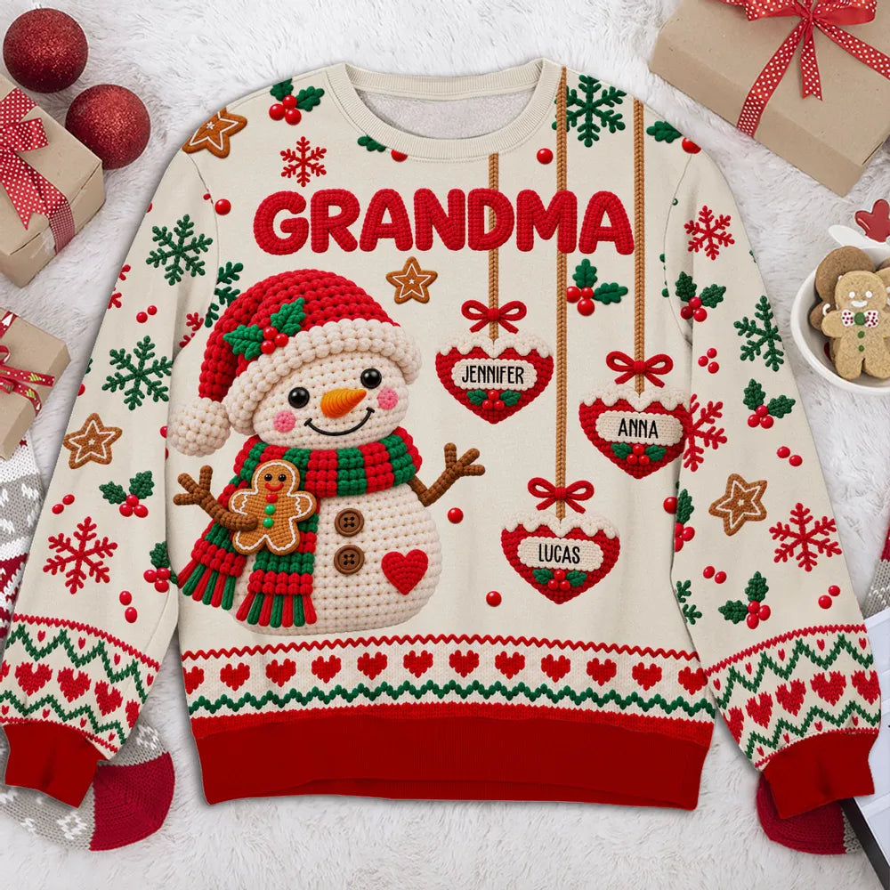 Personalized Printed Sweatshirt, Crochet-Style Snowman Holding Gingerbread, Unique Christmas Gift for Grandma