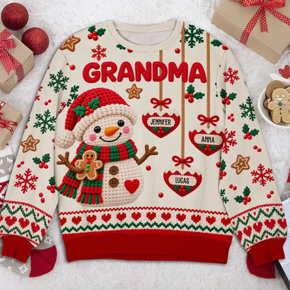 Personalized Printed Sweatshirt, Crochet-Style Snowman Holding Gingerbread, Unique Christmas Gift for Grandma