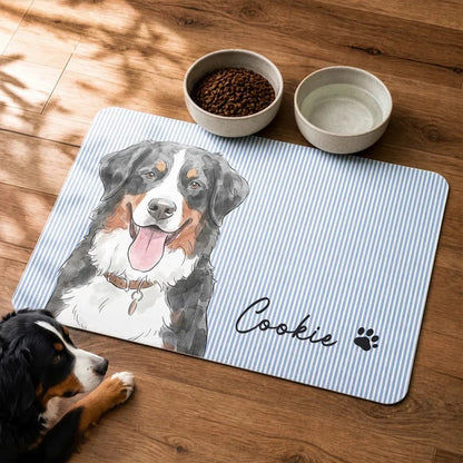 Custom Flannel Pet Mat with Watercolor Portrait for a Dog by Feeding Bowls, Creative Gift for Pet Owners
