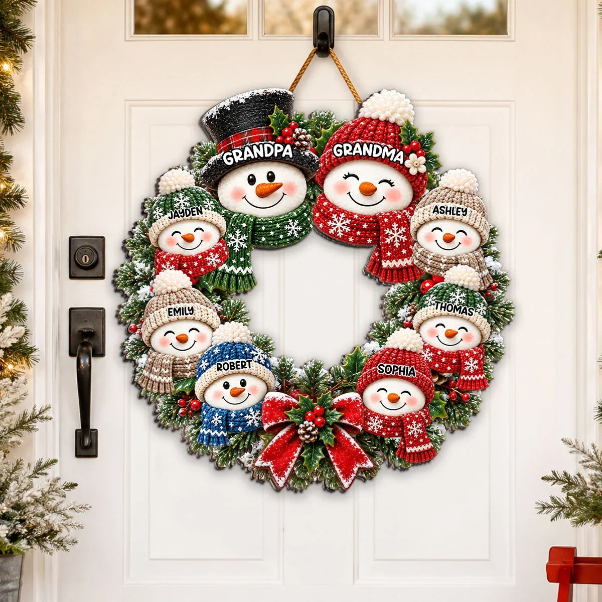 Personalized Wooden Sign with Cute Snowman Family Wreath, Unique Christmas Door Gift for Grandparents
