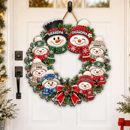 Personalized Wooden Sign with Cute Snowman Family Wreath, Unique Christmas Door Gift for Grandparents