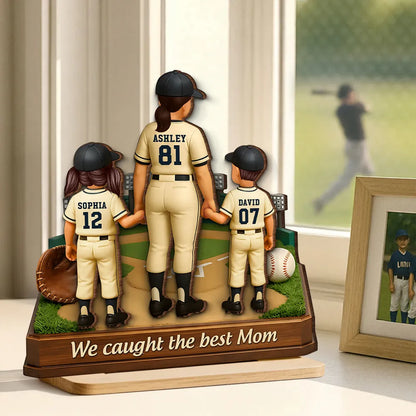 Personalized 2-Layer Wooden Plaque Baseball Mom with Kids Holding Hands, We Caught The Best Mom, Unique Gift for Mom