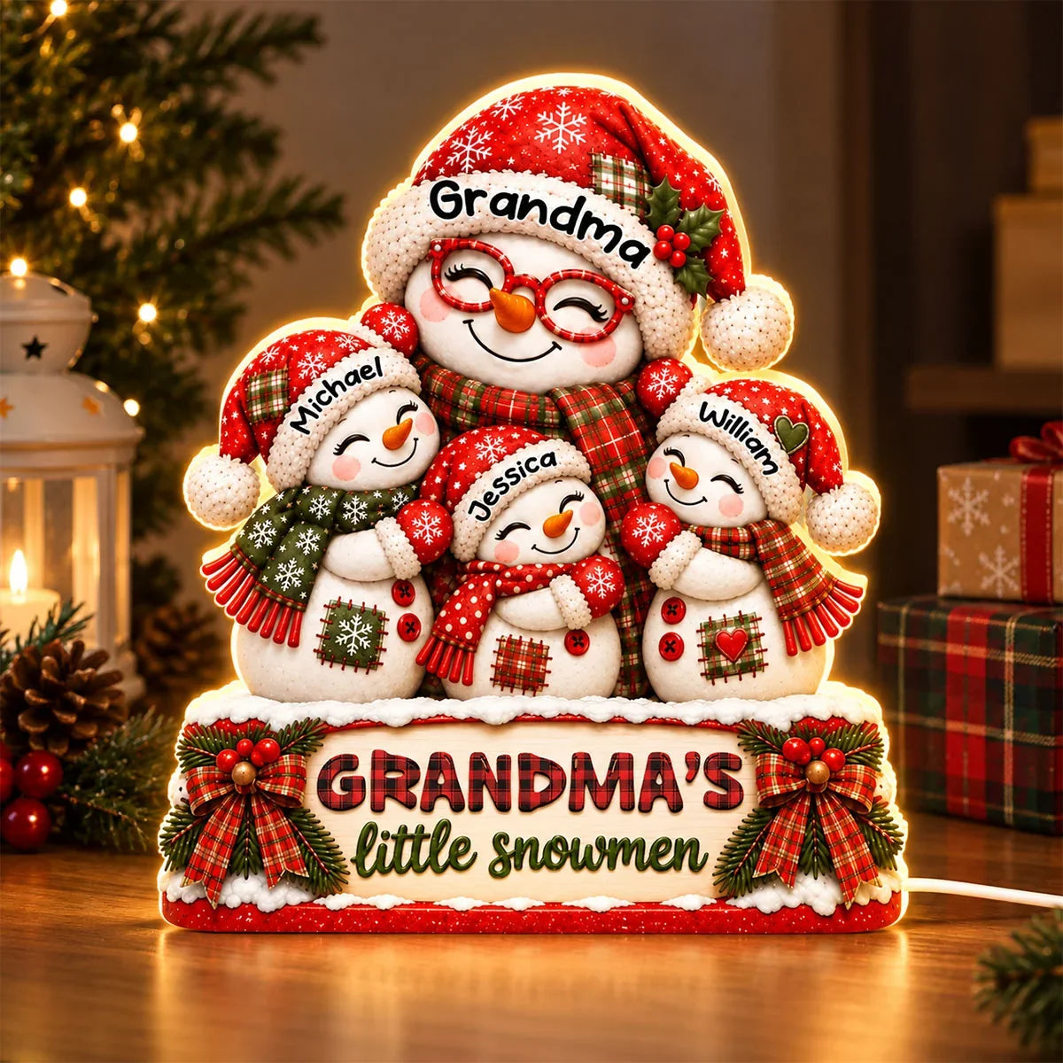 Personalized Acrylic Light Box, Smiling Grandma and Little Snowmen Christmas Scene, Unique Gift for Grandma