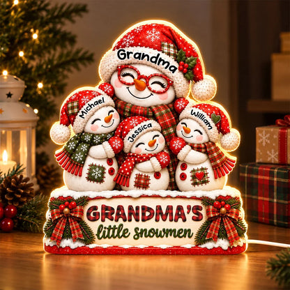 Personalized Acrylic Light Box, Smiling Grandma and Little Snowmen Christmas Scene, Unique Gift for Grandma