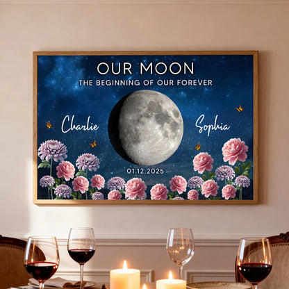 Personalized Our Moon Starry Sky Floral Poster, Custom Couple Keepsake Wall Art, Unique Romantic Gift