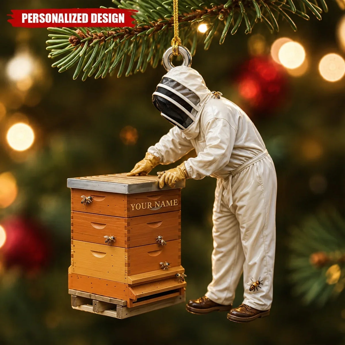 Personalized Acrylic Ornament, Beekeeper Tending a Hive, Christmas Tree Decor, Unique Gift for Bee Lovers
