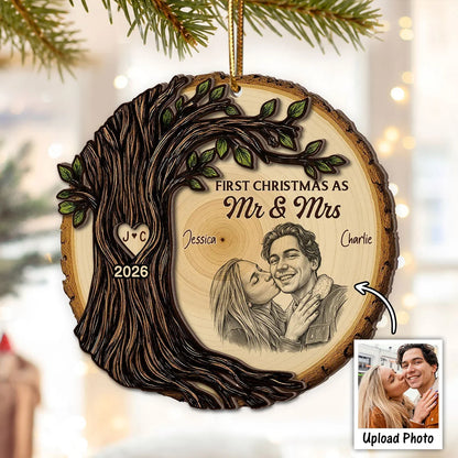 First Christmas as Mr & Mrs 2-Layer Wooden Ornament, Romantic Tree Design, Creative Gift for a Married Couple