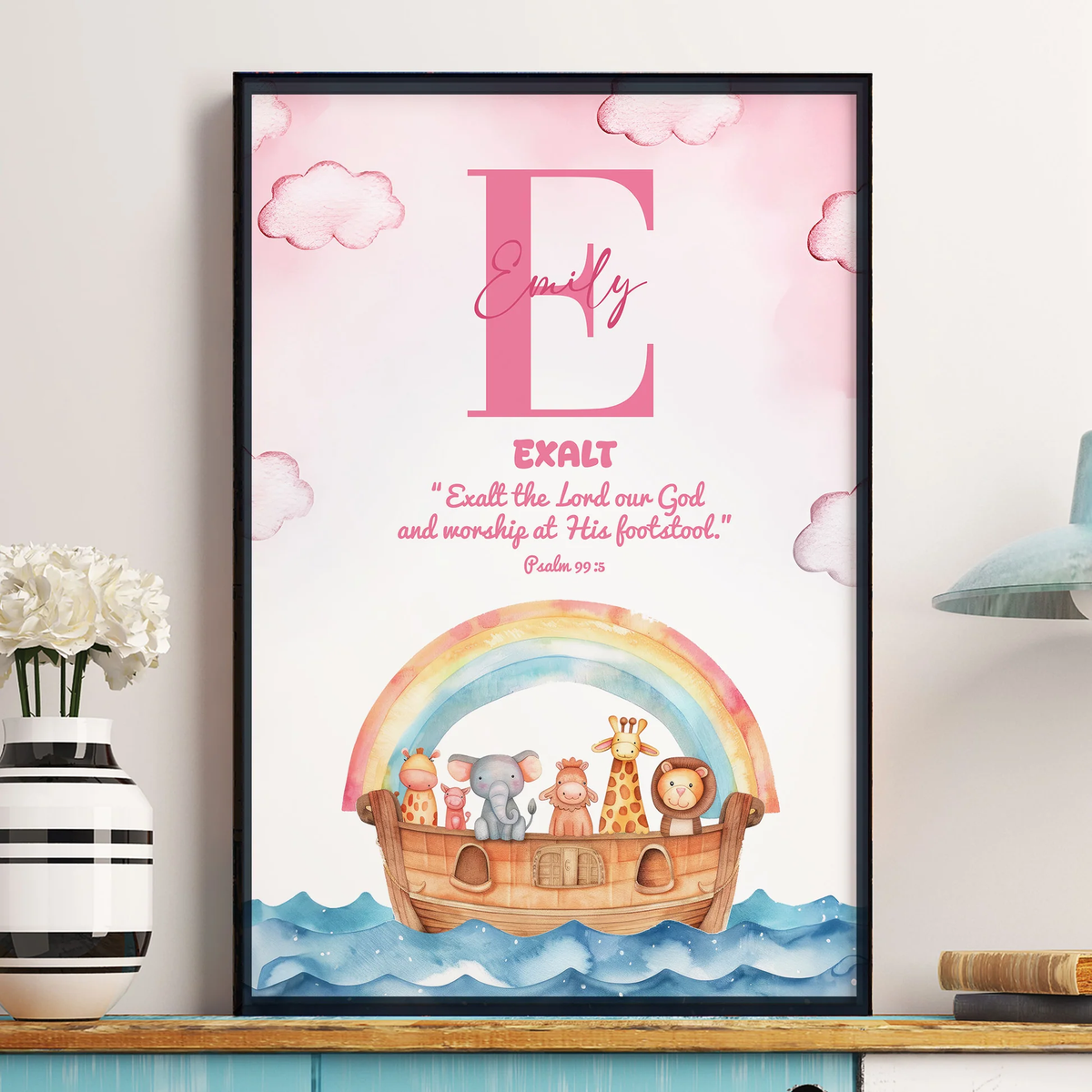 Custom Kids Noahs Ark Poster with Initial and Scripture Nursery Wall Art, Sweet Faith-Filled Gift for Baby or Child
