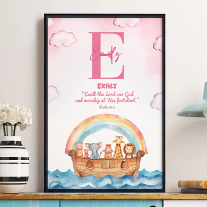 Custom Kids Noahs Ark Poster with Initial and Scripture Nursery Wall Art, Sweet Faith-Filled Gift for Baby or Child