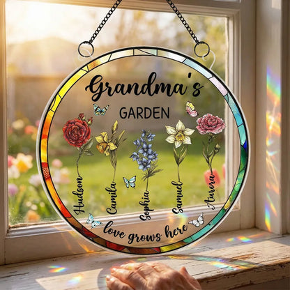 Grandma's Garden Love Grows Here Acrylic Suncatcher Ornament - Sunlight Reflection Window Decor, Thoughtful Personalized Gift