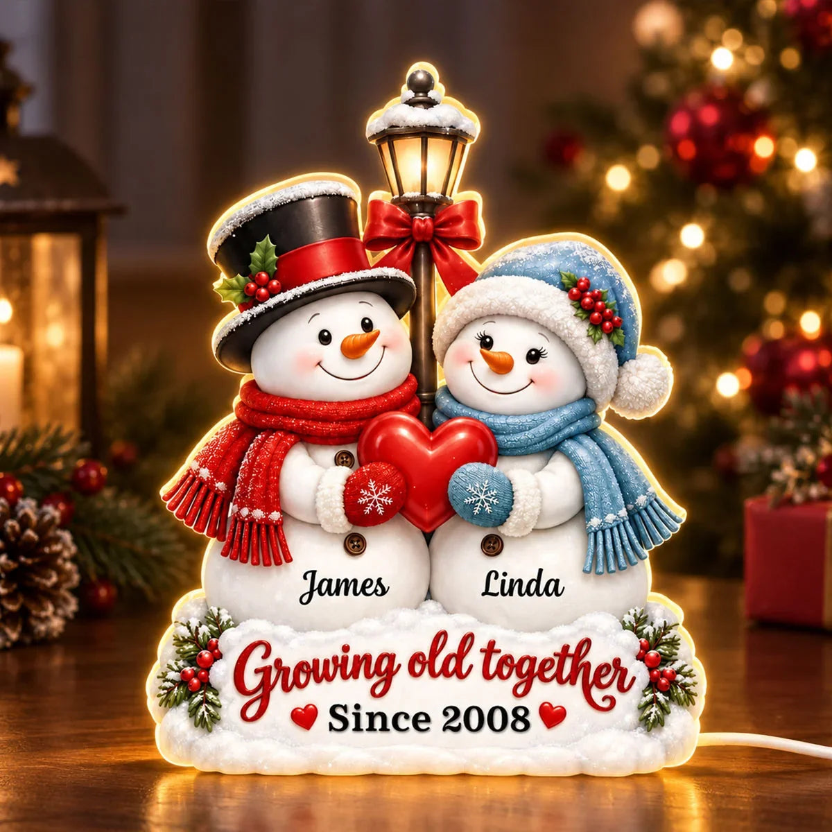 Personalized Growing Old Together Acrylic Light Box, Snowmen Holding a Heart, Creative Gift for a Partner