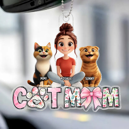 Cute Cartoon Cat Mom Acrylic Car Hanger, Personalized Rearview Mirror Decor for Cat Lovers, Unique Gift