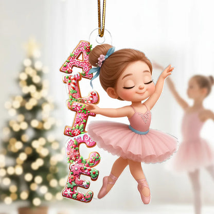 Personalized Acrylic Ornament, Pink Ballerina Dancing with Gingerbread Letters, Unique Christmas Gift for Girls