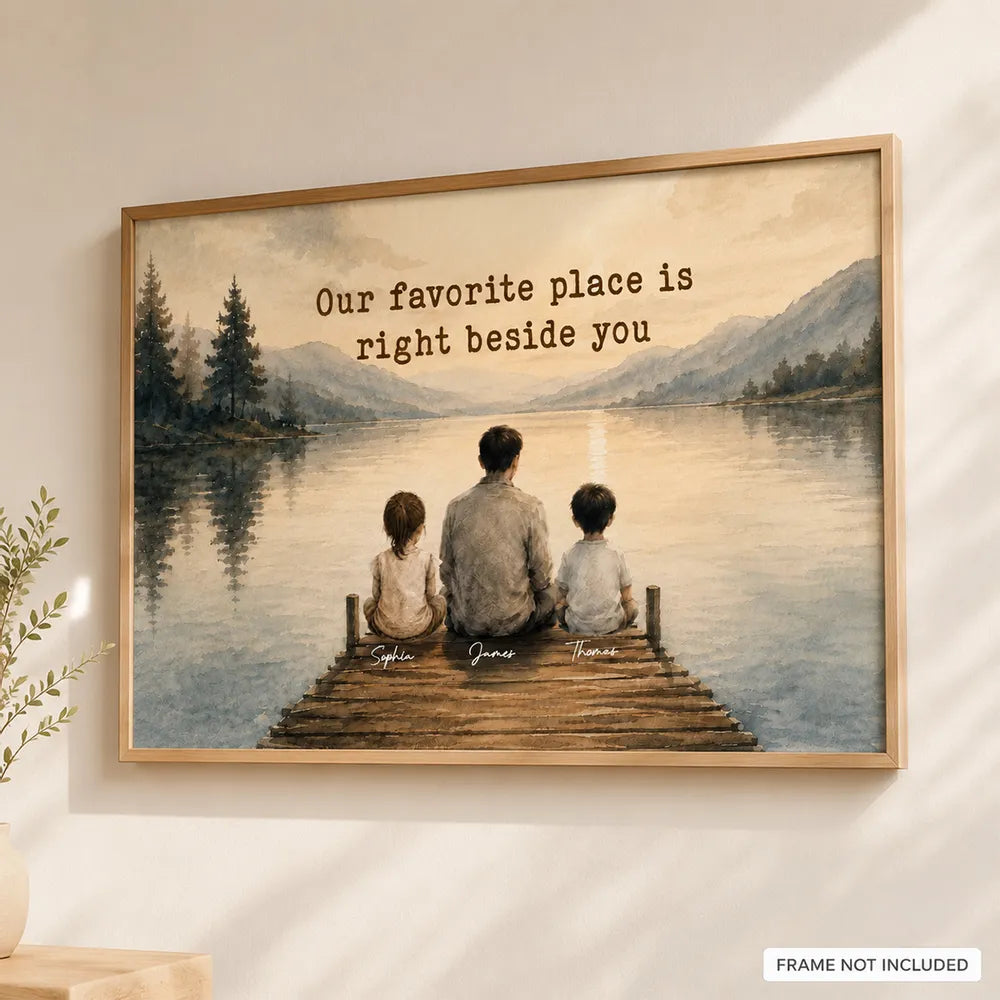 Our Favorite Place Poster, Personalized Dad & Kids Lake Scene, Creative Family Gift