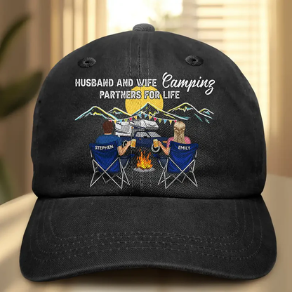 Personalized Washed Denim Baseball Cap Camping Partners For Life Outdoor Wear Vintage Look Unique Gift for Couple