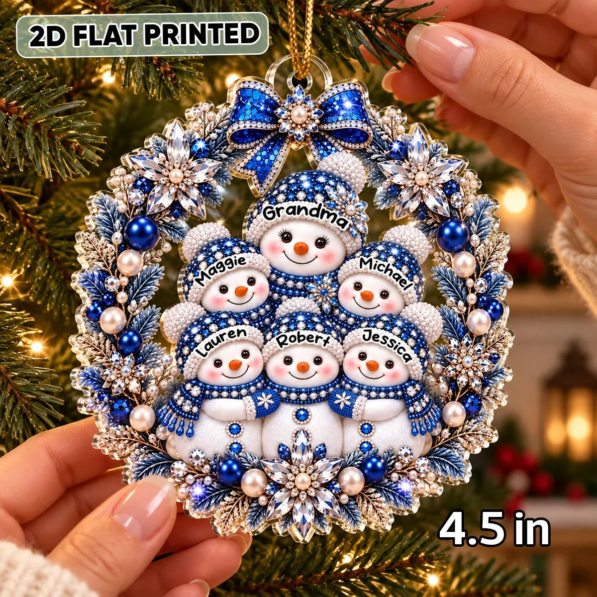 Personalized Acrylic Ornament, Blue and Silver Snowman Wreath, Unique Christmas Gift for Grandma