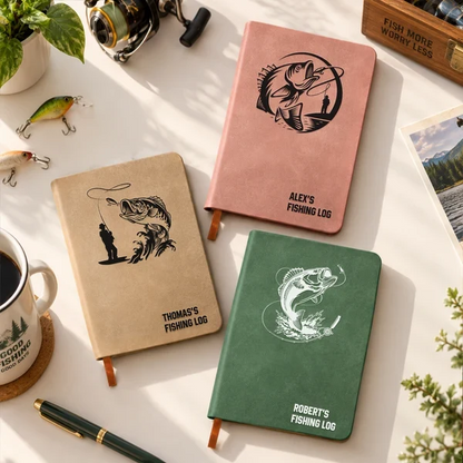 Personalized Leather Journal, Casting Angler and Leaping Fish Design for Fishing Memories, Creative Gift for Dad