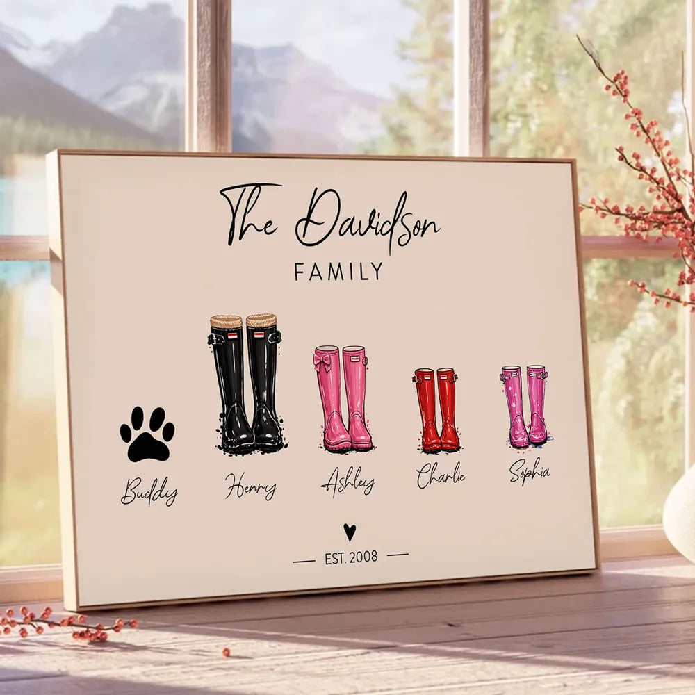 Personalized Family Rain Boots Poster, Custom Name Wall Art for Mom, Modern Keepsake Gift