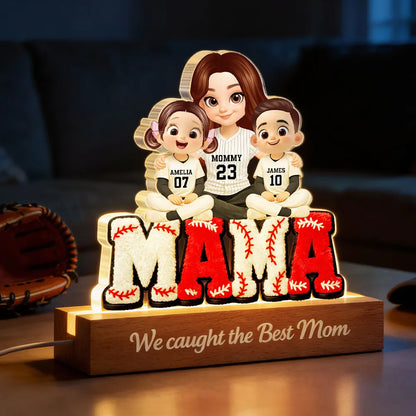 Block LED Light Plaque With Baseball Mama Hugging Kids, 'We Caught the Best Mom', Cozy Bedside Gift