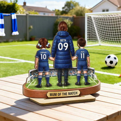 Personalized 2-Layer Wooden Plaque Soccer Mom and Kids Holding Hands Field Scene, Mum of the Match Unique Gift