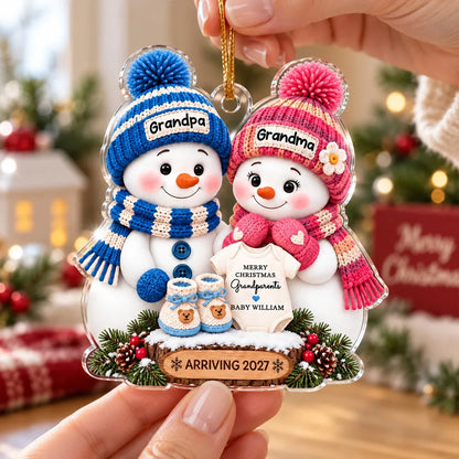 Personalized Acrylic Ornament, Cute Blue & Pink Snowman Grandparents with Baby Onesie, Unique Gift for Grandma & Grandpa