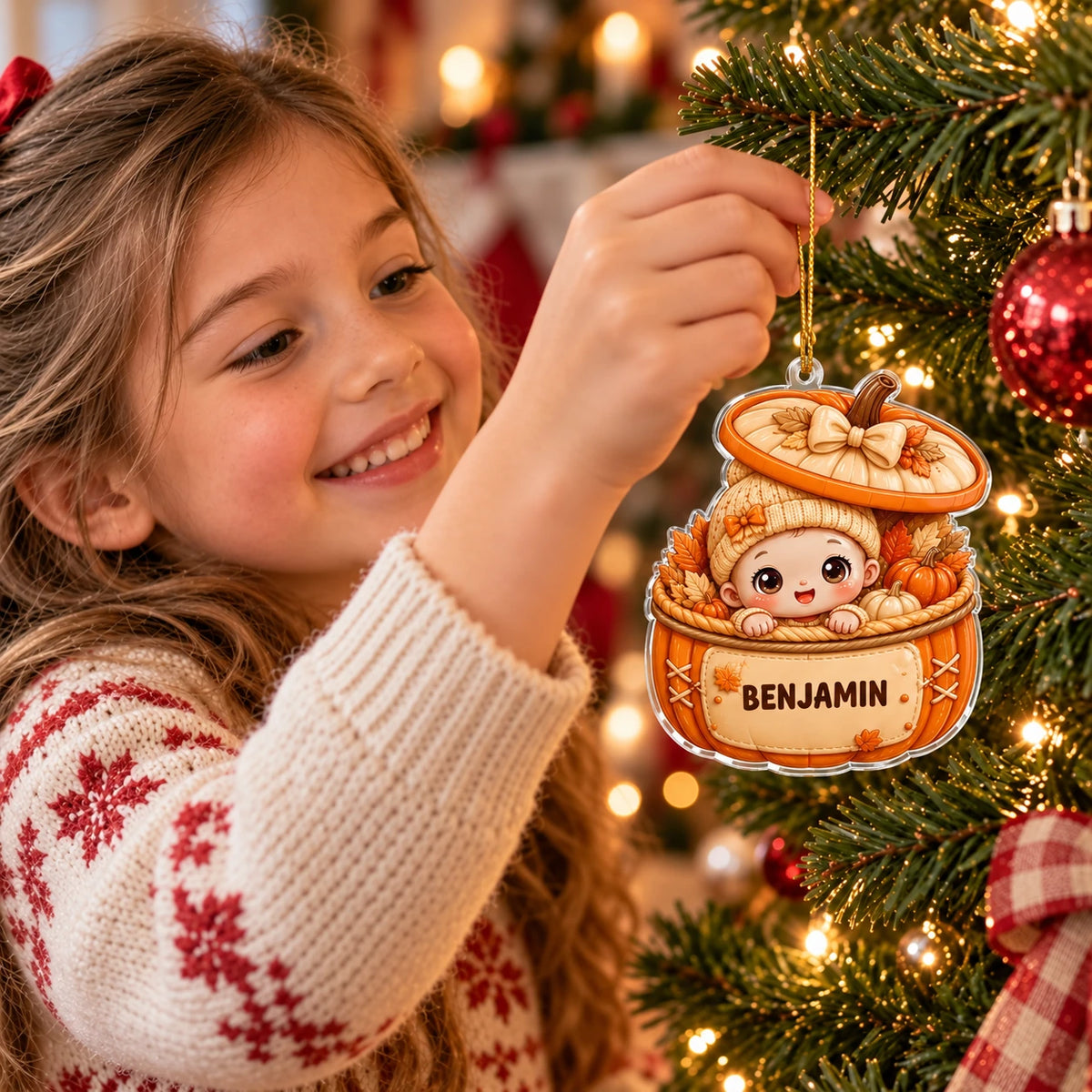 Custom Name Baby in Pumpkin Basket Ornament, Adorable Autumn Keepsake, Unique Christmas Gift for Baby's First Holiday