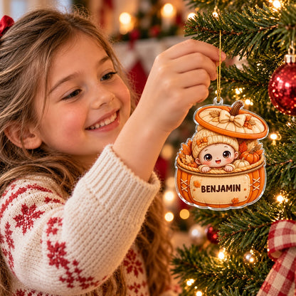 Custom Name Baby in Pumpkin Basket Ornament, Adorable Autumn Keepsake, Unique Christmas Gift for Baby's First Holiday