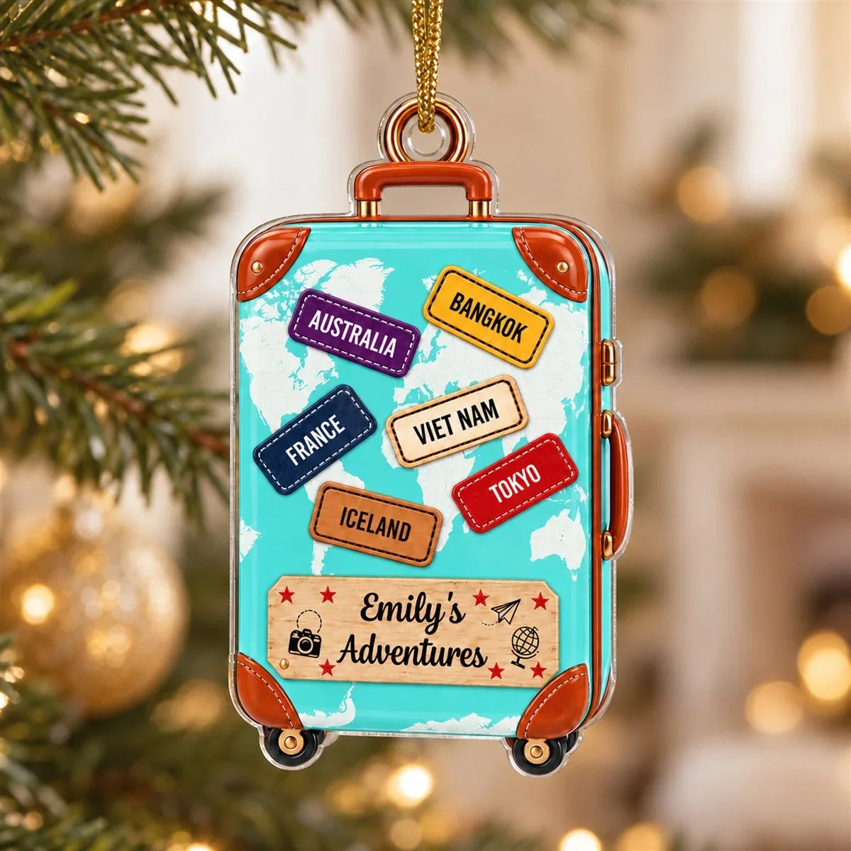 Personalized Acrylic Ornament, Turquoise Suitcase World Map Keepsake, Unique Travel Gift for Travelers