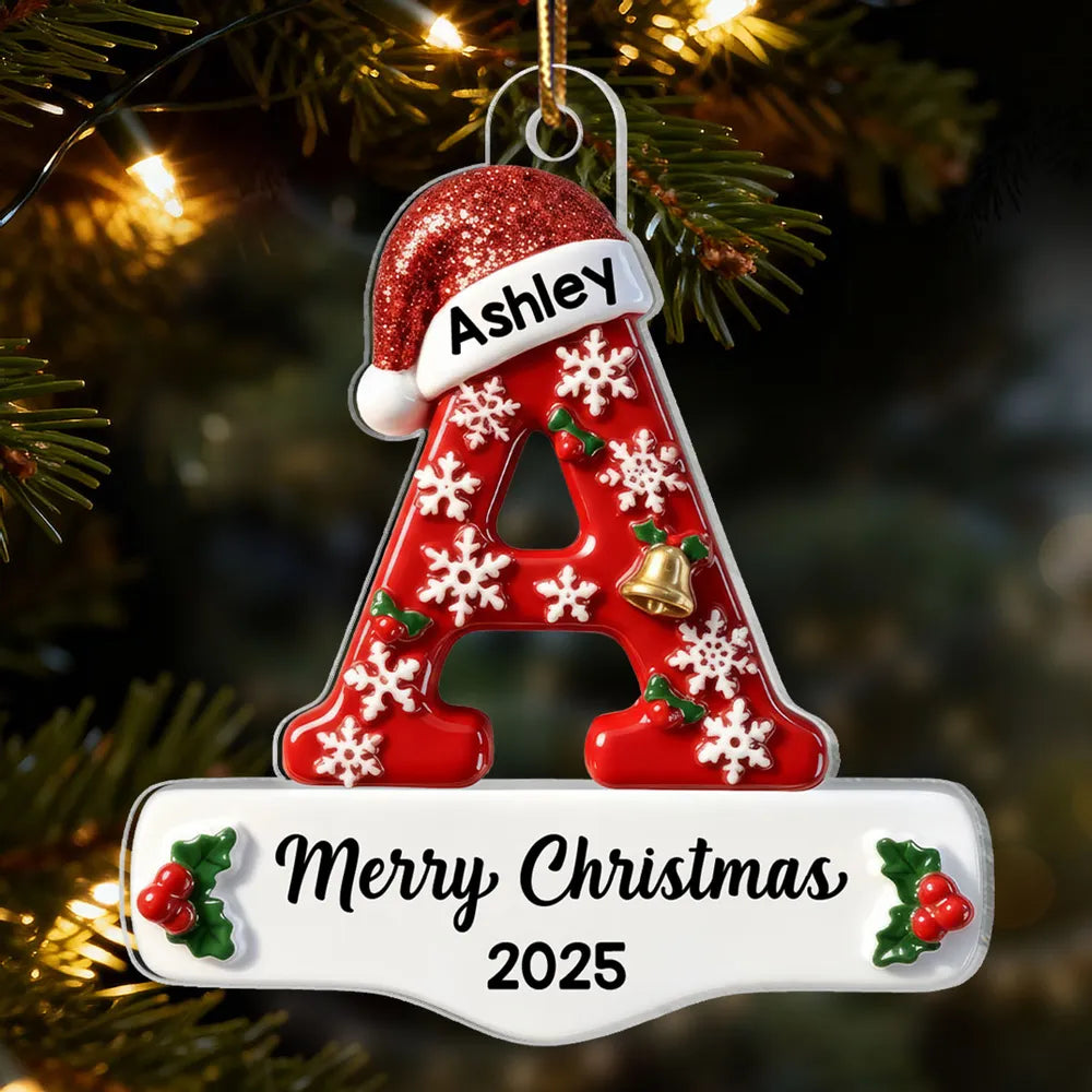 Personalized Acrylic Ornament, Red Santa Hat and Snowflake Design, Unique Christmas Gift for Family