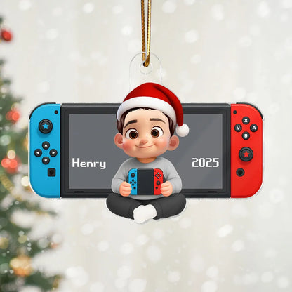Personalized Acrylic Ornament with Cute Gamer Child Holding Console, Unique Christmas Gift for Son
