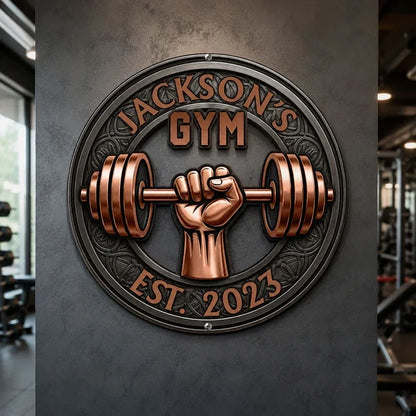 Custom Shaped Metal Sign with Fist Gripping Barbell, Strength Wall Art, Creative Gift for Gym Lovers