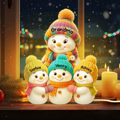 Snowman Family Acrylic Light Box with knitted hats, cozy holiday scene for grandparents, warm winter décor, a heartfelt Christmas gift