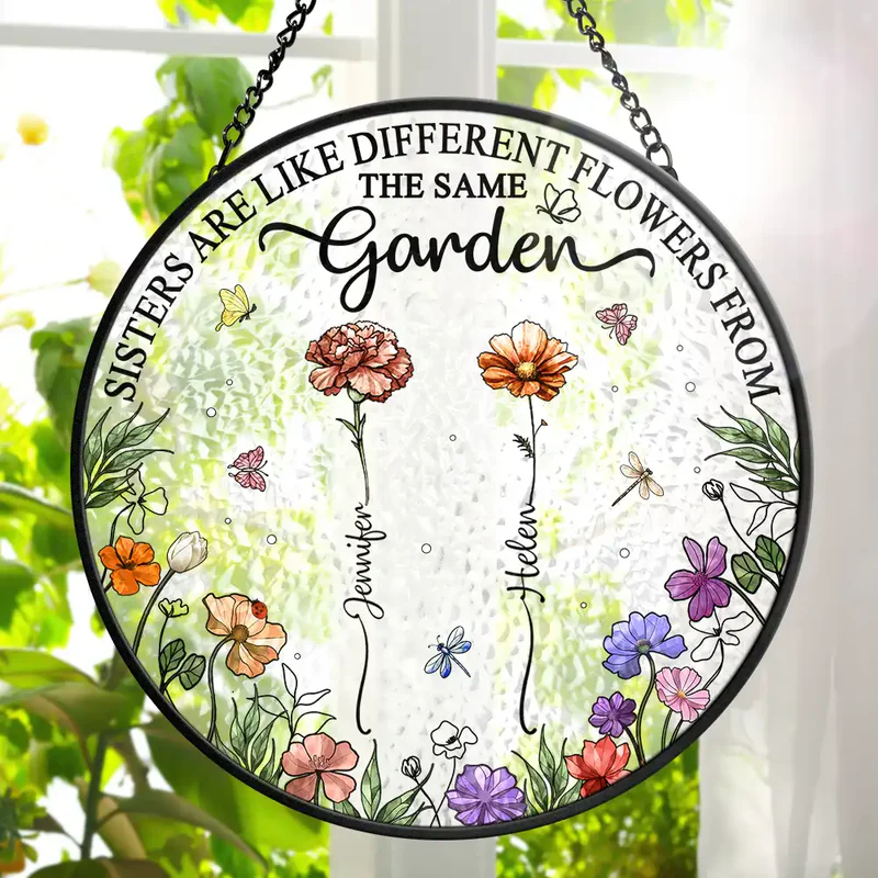 Personalized Birth Flower Sisters Glass Suncatcher Ornament for a Bright Window Display, Unique Gift for Sister or Best Friend