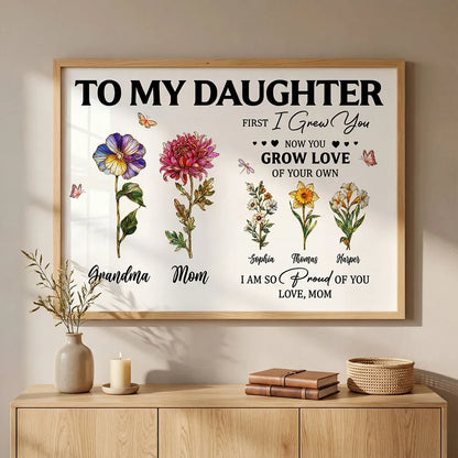 To My Daughter Poster with Floral Illustration and Loving Message, Personalized Wall Decor, Unique Gift for Daughter