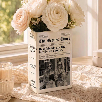 Personalized Ceramic Book Vase with Friends Posing Together, Family We Choose Quote, Creative Gift for Best Friend