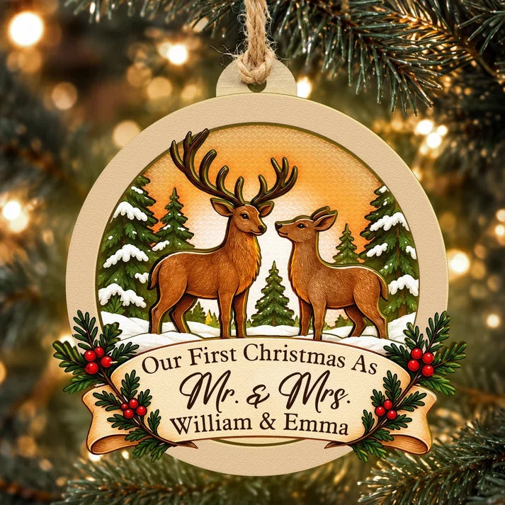 Personalized Wooden Ornament with Deer Facing Each Other in a Snowy Forest, Unique Christmas Gift for Newlyweds