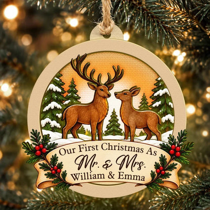Personalized Wooden Ornament with Deer Facing Each Other in a Snowy Forest, Unique Christmas Gift for Newlyweds