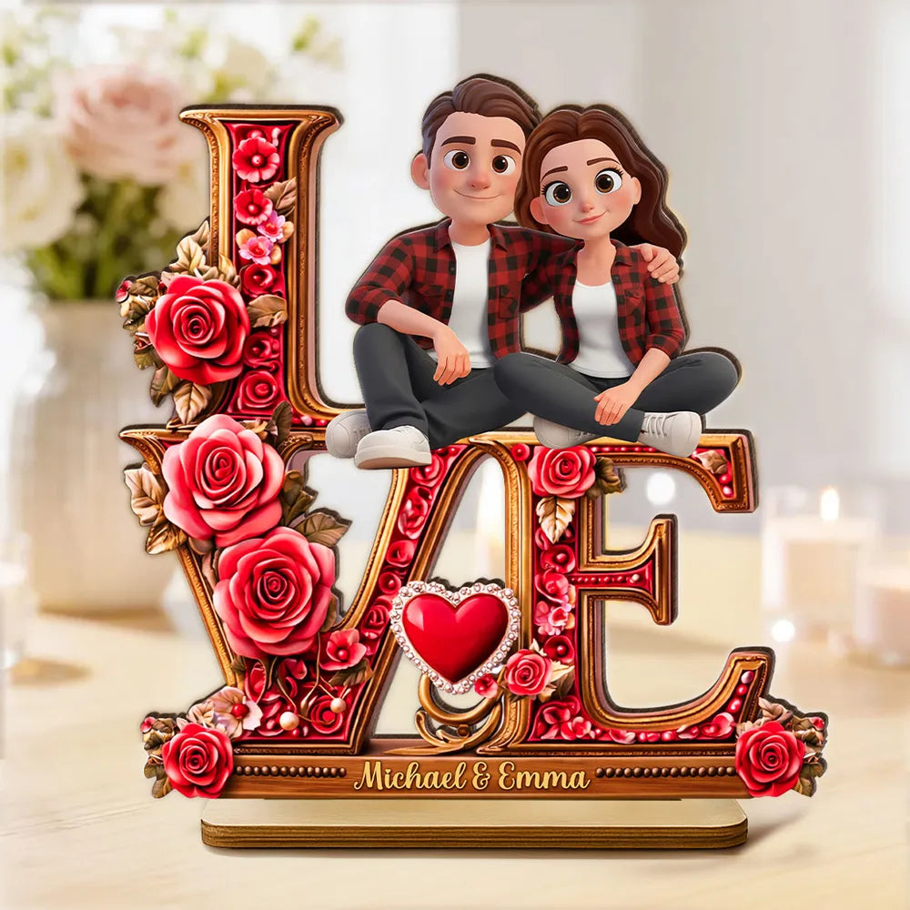 Personalized 2-Layer Wooden Plaque with Cartoon Couple Sitting on
